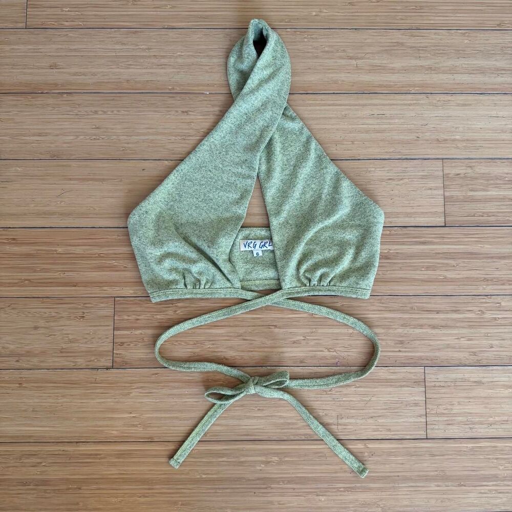 VRG GRL Green Wrap Halter Crop Top Tie Front Festival Resort